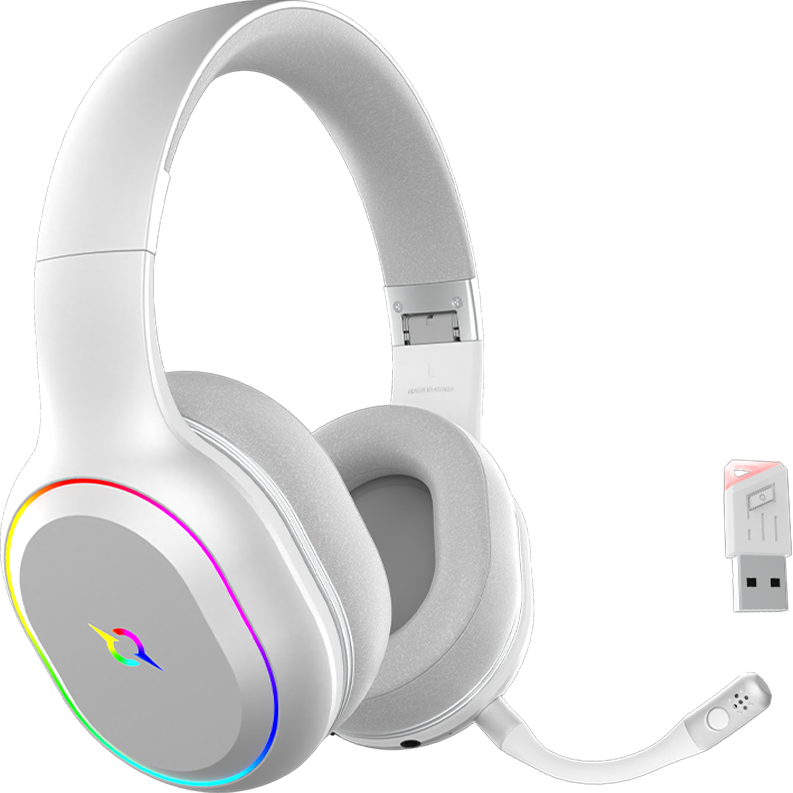 Casti over-ear AQIRYS Lyra, sistem de sunet 3D Stero, Dual wireless si cu fir, BT cu microfon flexibil, interfata USB 2.0, durata baterie pana la 27h, frecventa 20 Hz - 20Hz, cu iluminare RGB, albe