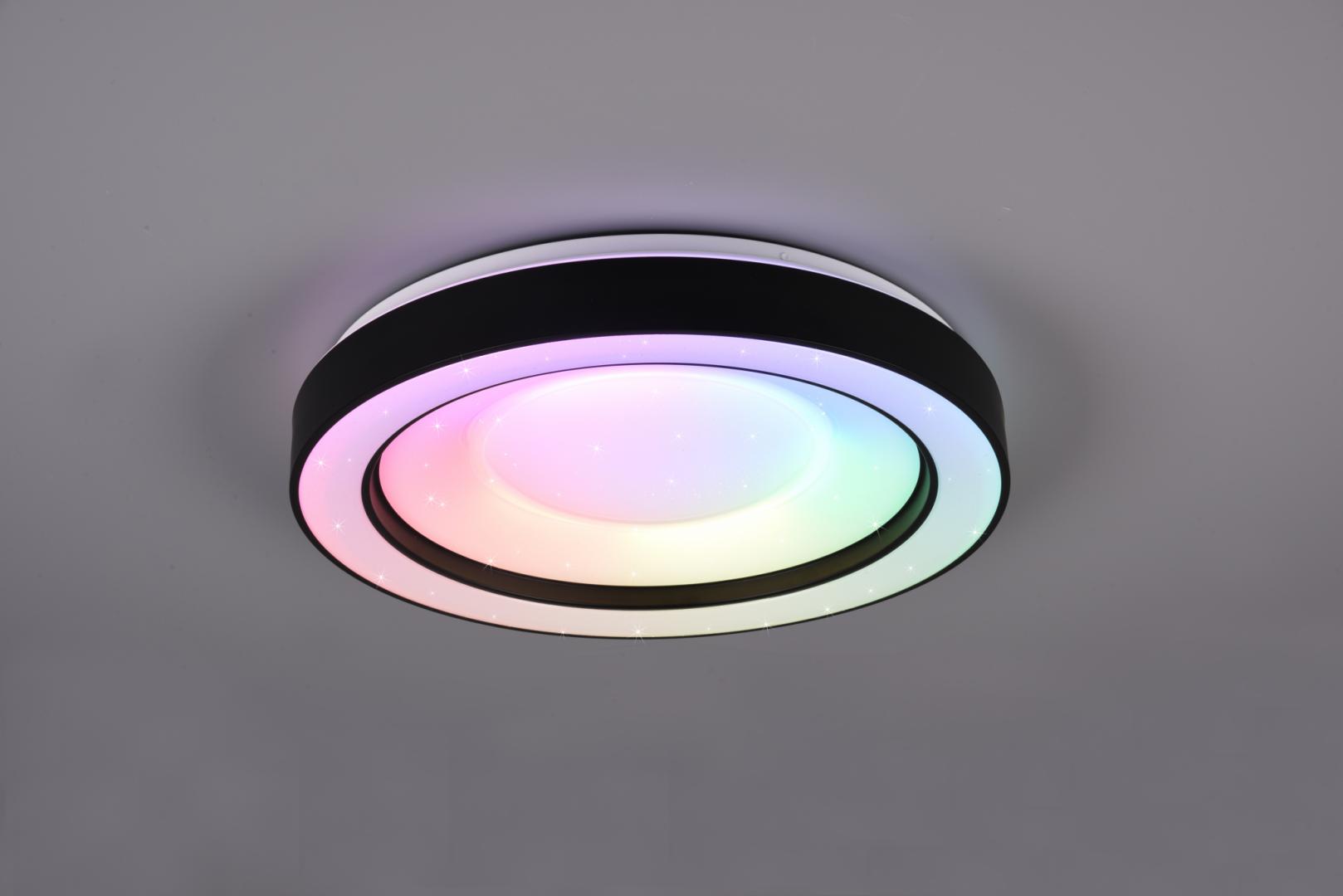 Plafoniera LED RGB Reality ARCO, 22W, 2500 lm, lumina alba si color (2700-6000K), telecomanda, temporizator, efect stele, functie memorie, lampa de noapte, variator de lumina integrat, Ø 49cm / ↕ 8cm, metal/plastic, Negru