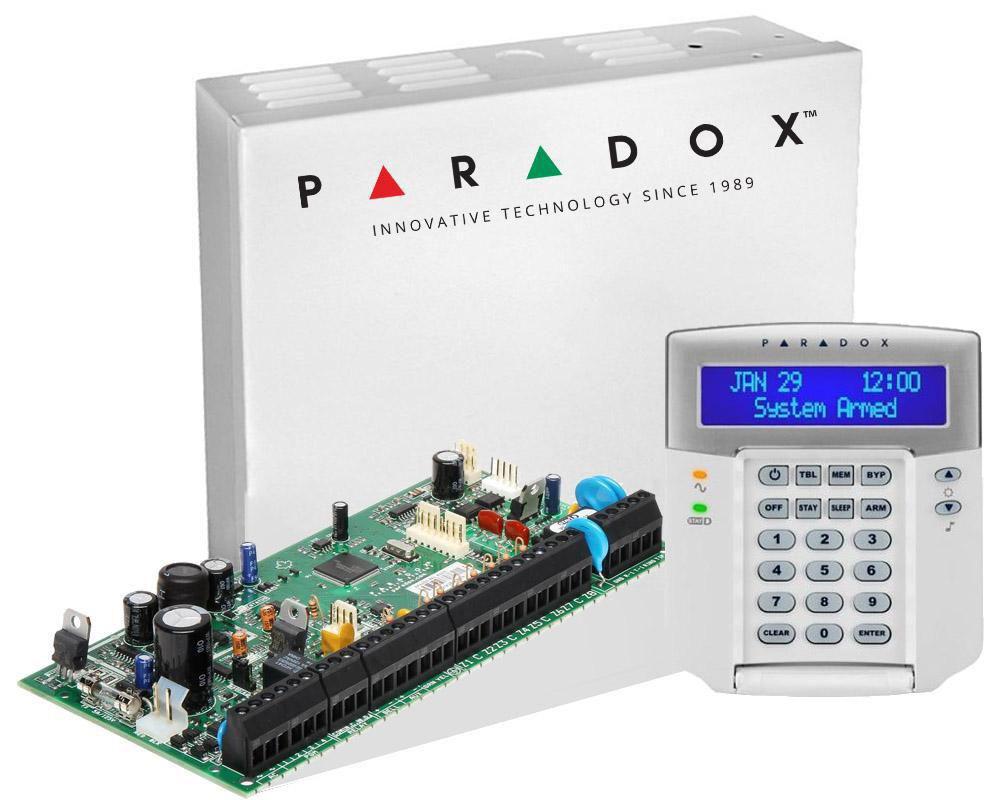 Centrala Paradox SP5500+ 5 intrări de zonă sau 10 cu ATZ, extensibila la 32 zone; extensibilă la 16 ieşiri PGM -(2 pe placă); sursă alimentare în comutaţie: 1.1A; Consum iesire Aux:  Nominal  600mA - Maxim 700mA (protectie electronica); Include tastatura K32LCD+-1buc si cutie cu traf -1buc
