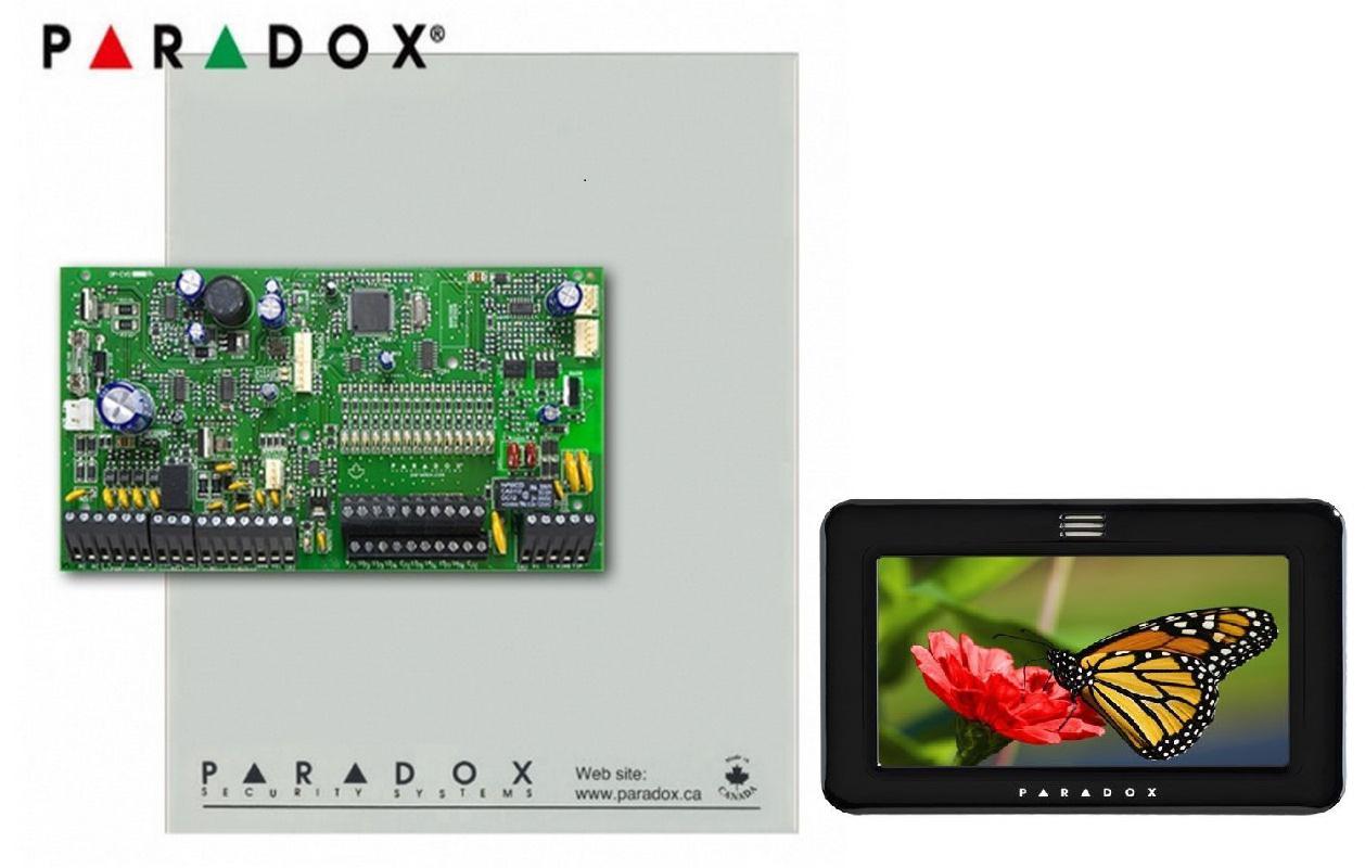 Centrala Paradox SP5500+; 5 intrări de zonă sau 10 cu ATZ, extensibila la 32 zone; extensibilă la 16 ieşiri PGM - (2 pe placă); sursă alimentare în comutaţie: 1.1A; Consum iesire Aux:  Nominal  600mA - Maxim 700mA(protectie electronica); Include tastatura TM50-1buc si cutie cu traf -1buc