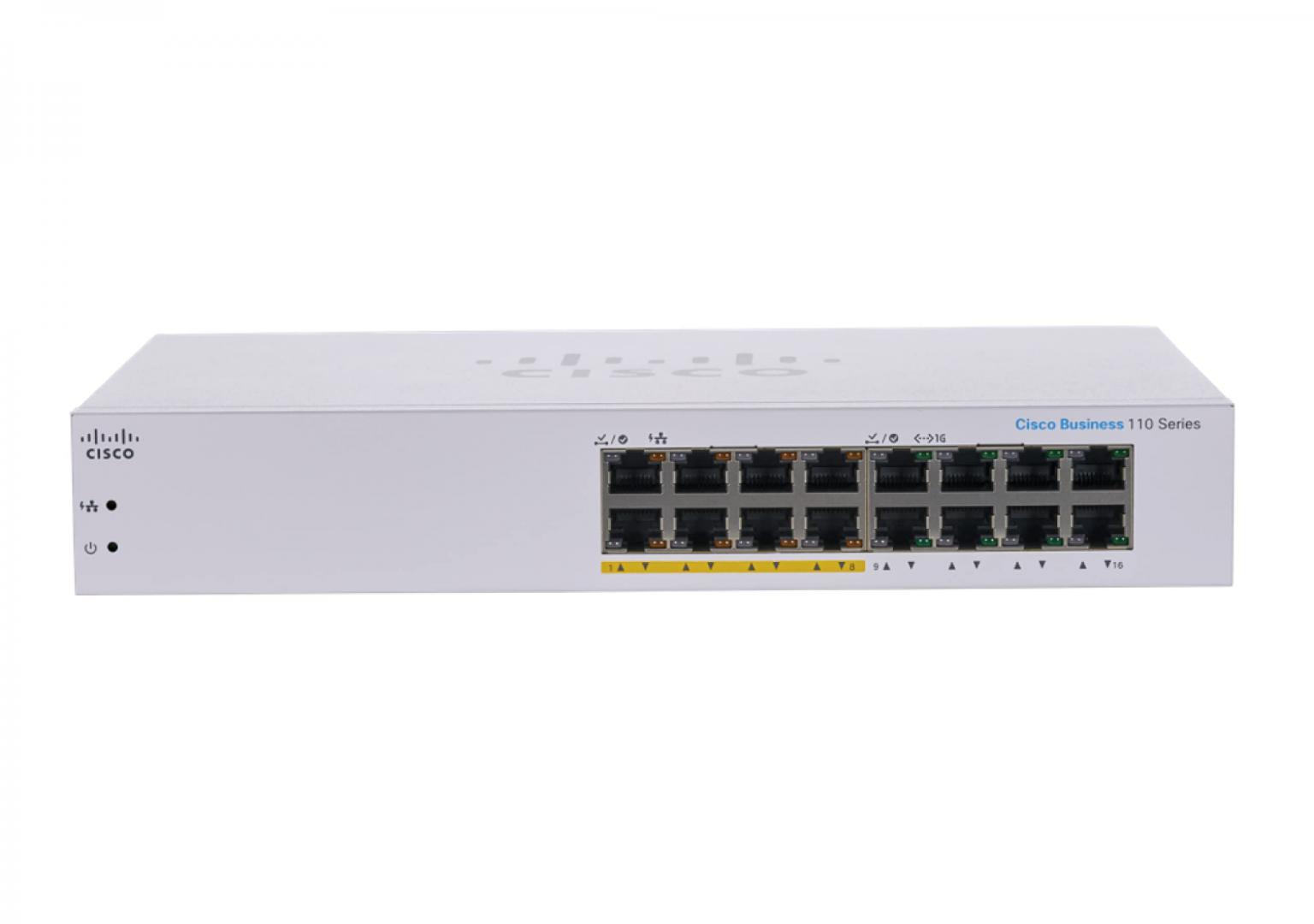 Switch  CISCO CBS110-16PP , 16 porturi 10/100/1000, Buget 8 x POE - 64W, Flash: 16mb, CPU: 400 MHz, dimensiuni: 279 x 170 x 44 mm, 1.3 Kg, consum: 220V=11.41W, Fanless, Montare in rack.