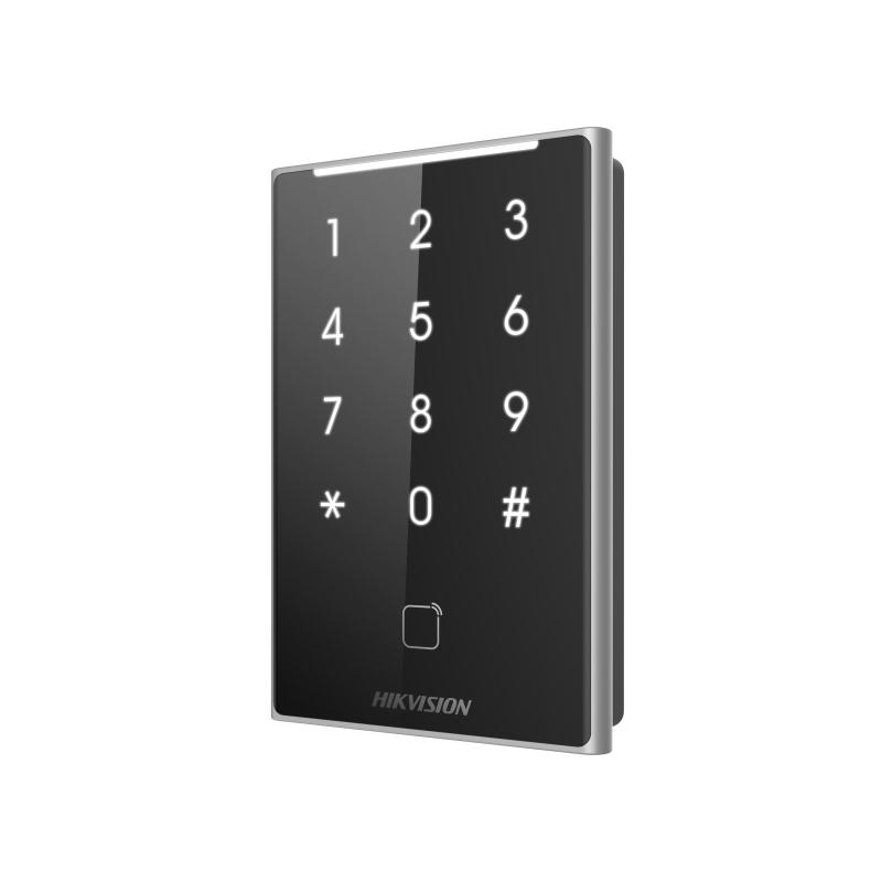 Cititor de proximitate cu tastatura Hikvision DS-K1109DKB, DESfire card, Felica card and M1 card, RS-485 and Wiegand (W26, W34), alimentare: 12 VDC, protectie: IP65, dimensiunii: 125 mm × 84.5 mm × 18 mm, montare aparenta.