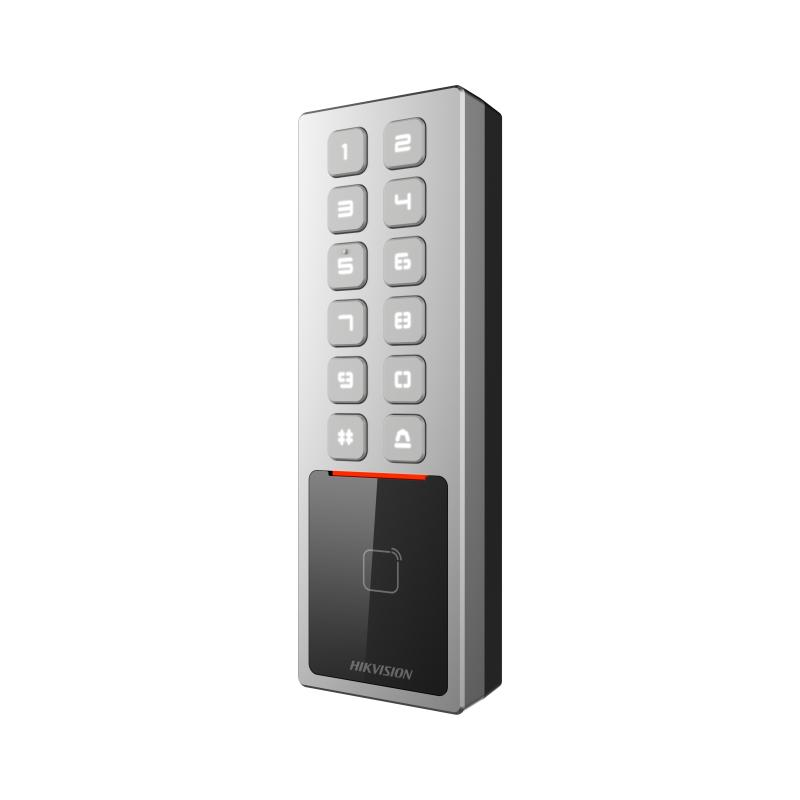 Cititor de proximitate cu tastatura Hikvision DS-K1T805MBWX, M1 card, RS-485 and Wiegand (W26, W34), network interface, Wi-Fi, alimentare: 12 VDC/1 A, protectie: IP65, IK08, dimensiunii: 57.7 mm × 177 mm × 34.6 mm.