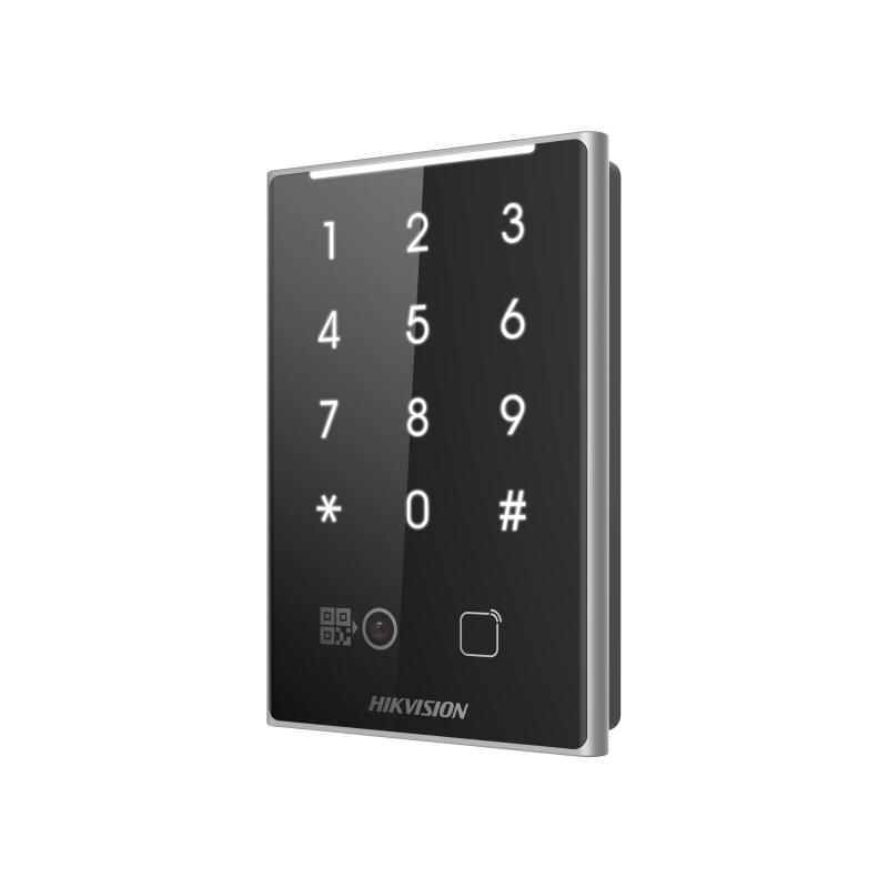 Cititor de proximitate cu tastatura si cod QR Hikvision DS-K1109DKB-QR, DESfire card, Felica card and M1 card, RS-485 and Wiegand (W26, W34), alimentare: 12 VDC, protectie: IP65, dimensiunii: 125 mm × 84.5 mm × 18 mm, montare aparenta.