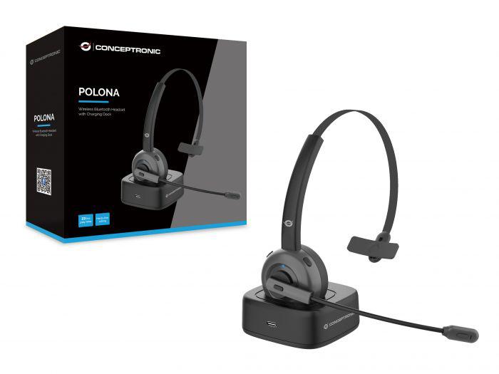 Conceptronic POLONA03BD Bluetooth Mono Headset with Charging Dock, Noise Cancelling Microphone, 146.1 x 168.45 x 52 mm