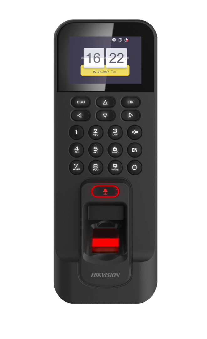 Controler de acces biometric stand alone Hikvision cu tastatura si cartele de proximitate MIFARE, DS-K1T804MF; Capacitate de stocare: 3,000 cartele, 3,000 amprente si 100,000 evenimente; Suporta functii de Access Control si  Time Attendance; display LCD2.4-inch; Distanta de citire: 0- 5cm