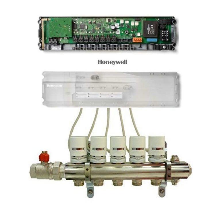 Controller wireless cu 5 zone si 15 circuite, Honeywell HCC80 pentru incalzirea in pardoseala, 5 zone controlabile de temperatura cu posibilitatea de extindere la 8 zone cu extensia HCS80; 3 servomotoare termice pot fi conectate pe fiecare zona; control integrat al pompei,stare de operare afisata
