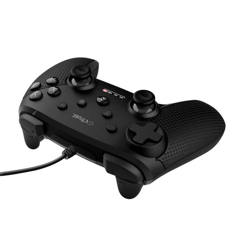 Trust GXT 541 Muta Wired controller pentru PC    Features Mobile phone mount no Software no   Control Controls 8-way, directional pad, A, B, X, L1, L2, L3, R1, R2, R3, select, start Number of buttons 15 Shoulder buttons yes Programmable buttons no Trigger buttons yes Pressure sensitive buttons no
