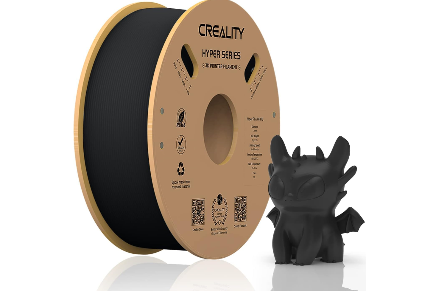 CREALITY HYPER PLA 3D Printer Filament, Black, Temperatura printare: 200-220 grade celsius, Diametru filament: 1.75mm, Tensile strength: 52.99MPa, Bending strenght:92.38Mpa Dimensiuni rola filament: Diametru 200mm, inaltime 70mm, gaura centrala 56mm, viteza printare: pana la 600mm/s,