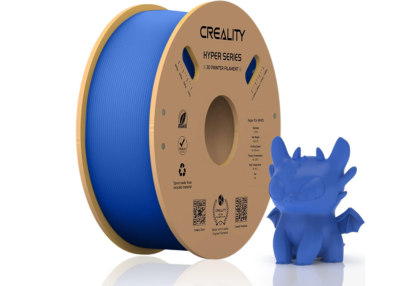 CREALITY HYPER PLA 3D Printer Filament, Blue, Temperatura printare: 200-220 grade celsius, Diametru filament: 1.75mm, Tensile strength: 52.99MPa, Bending strenght:92.38Mpa Dimensiuni rola filament: Diametru 200mm, inaltime 70mm, gaura centrala 56mm, viteza printare: pana la 600mm/s,