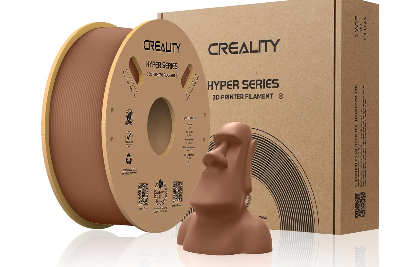 CREALITY HYPER PLA 3D Printer Filament, Brown, Temperatura printare: 200-220 grade celsius, Diametru filament: 1.75mm, Tensile strength: 52.99MPa, Bending strenght:92.38Mpa Dimensiuni rola filament: Diametru 200mm, inaltime 70mm, gaura centrala 56mm, viteza printare: pana la 600mm/s,