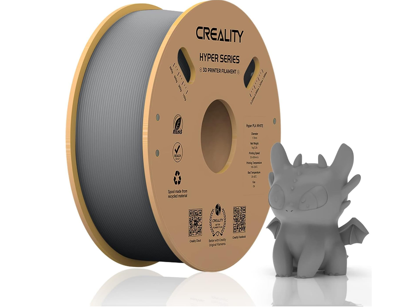 CREALITY HYPER PLA 3D Printer Filament, Grey, Temperatura printare: 200-220 grade celsius, Diametru filament: 1.75mm, Tensile strength: 52.99MPa, Bending strenght:92.38Mpa Dimensiuni rola filament: Diametru 200mm, inaltime 70mm, gaura centrala 56mm, viteza printare: pana la 600mm/s,