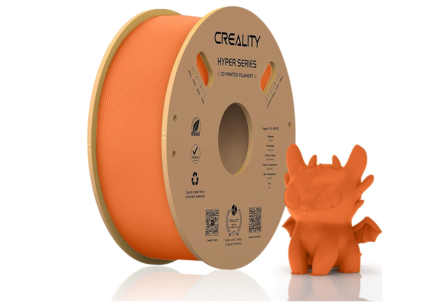 CREALITY HYPER PLA 3D Printer Filament, Orange, Temperatura printare: 200-220 grade celsius, Diametru filament: 1.75mm, Tensile strength: 52.99MPa, Bending strenght:92.38Mpa Dimensiuni rola filament: Diametru 200mm, inaltime 70mm, gaura centrala 56mm, viteza printare: pana la 600mm/s,