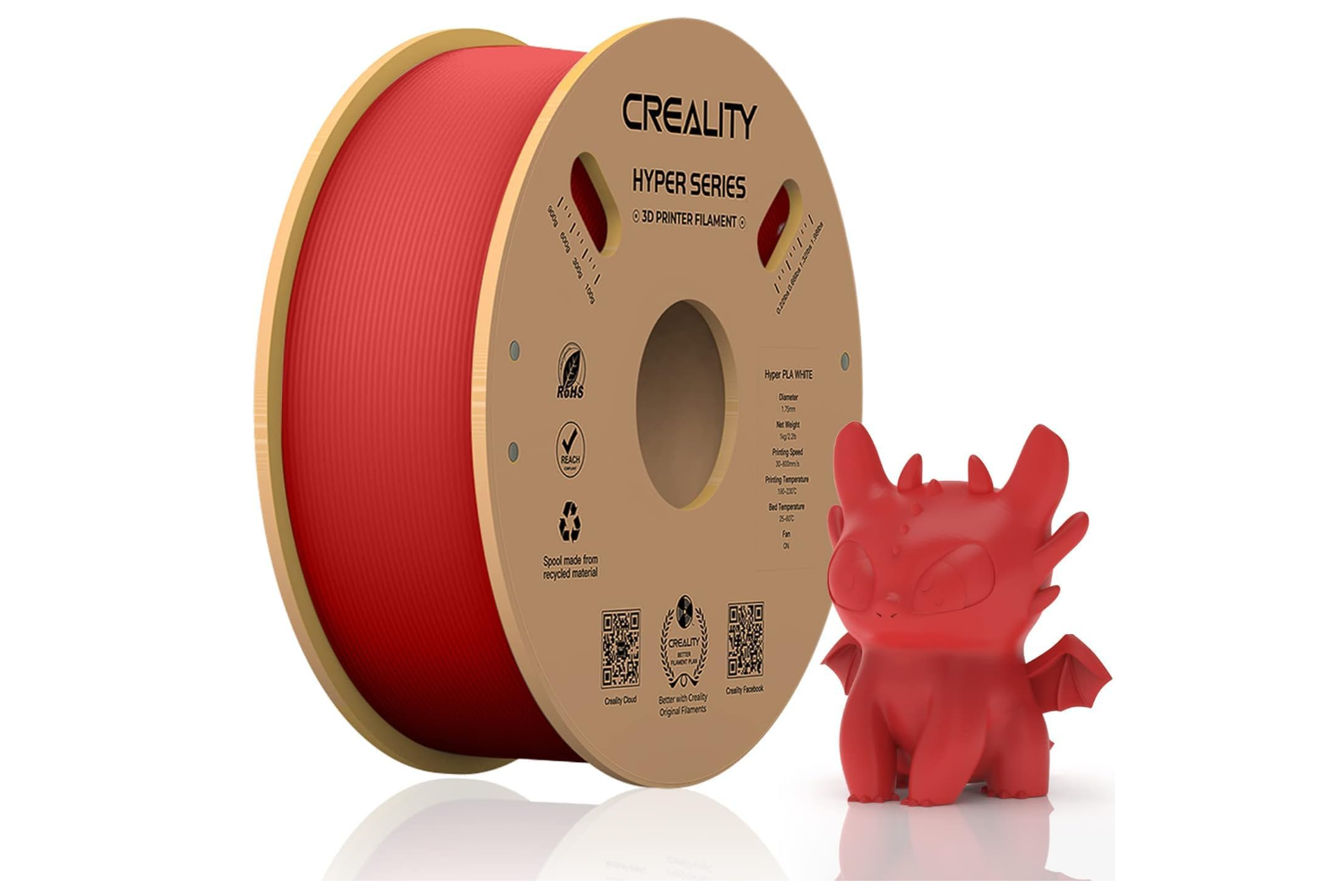 CREALITY HYPER PLA 3D Printer Filament, Red, Temperatura printare: 200-220 grade celsius, Diametru filament: 1.75mm, Tensile strength: 52.99MPa, Bending strenght:92.38Mpa Dimensiuni rola filament: Diametru 200mm, inaltime 70mm, gaura centrala 56mm, viteza printare: pana la 600mm/s,