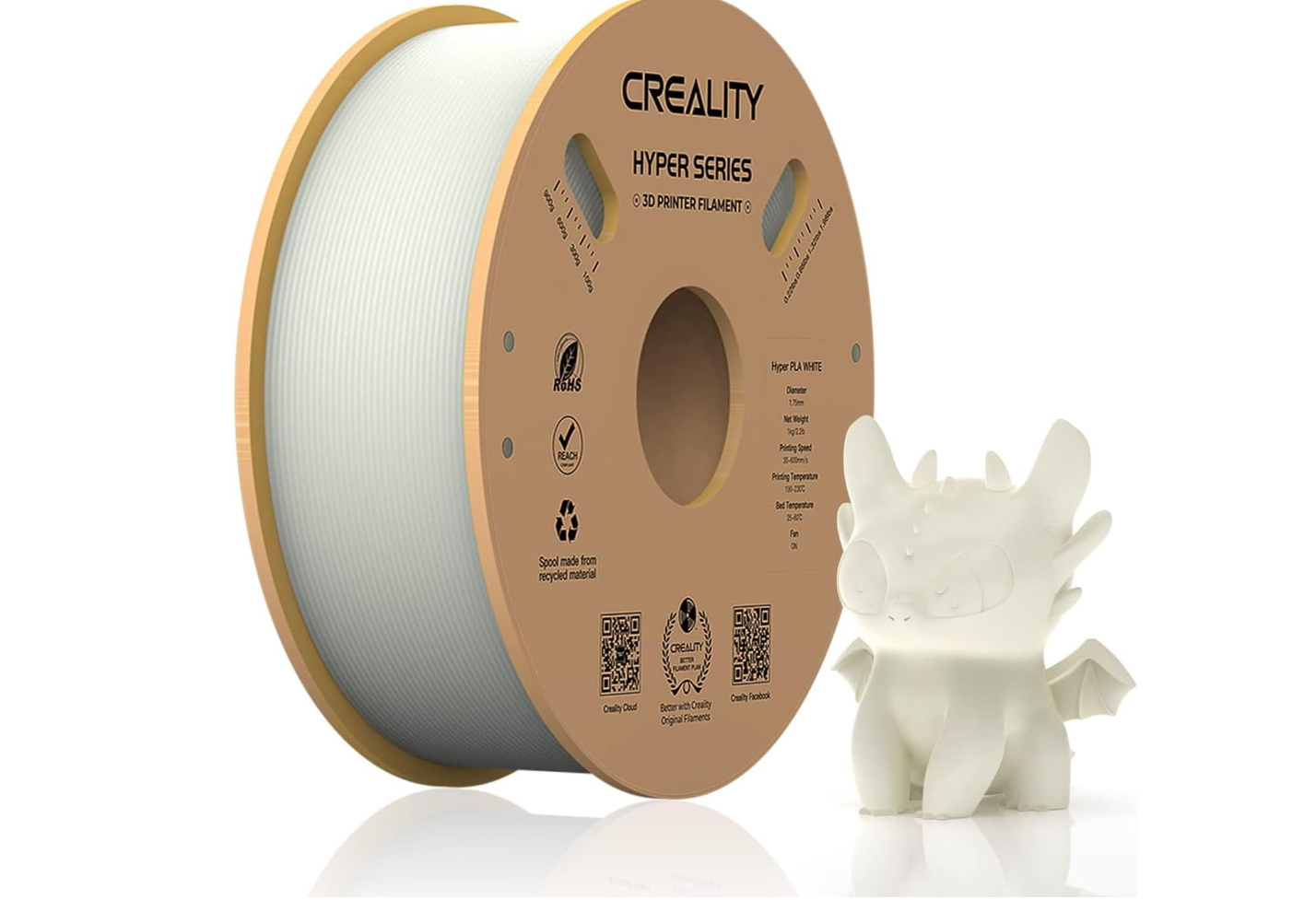 CREALITY HYPER PLA 3D Printer Filament, White, Temperatura printare: 200-220 grade celsius, Diametru filament: 1.75mm, Tensile strength: 52.99MPa, Bending strenght:92.38Mpa Dimensiuni rola filament: Diametru 200mm, inaltime 70mm, gaura centrala 56mm, viteza printare: pana la 600mm/s,