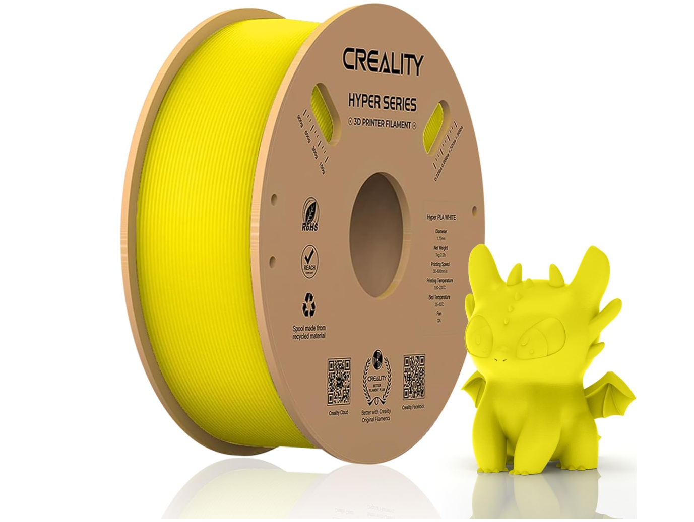 CREALITY HYPER PLA 3D Printer Filament, Yellow, Temperatura printare: 200-220 grade celsius, Diametru filament: 1.75mm, Tensile strength: 52.99MPa, Bending strenght:92.38Mpa Dimensiuni rola filament: Diametru 200mm, inaltime 70mm, gaura centrala 56mm, viteza printare: pana la 600mm/s,