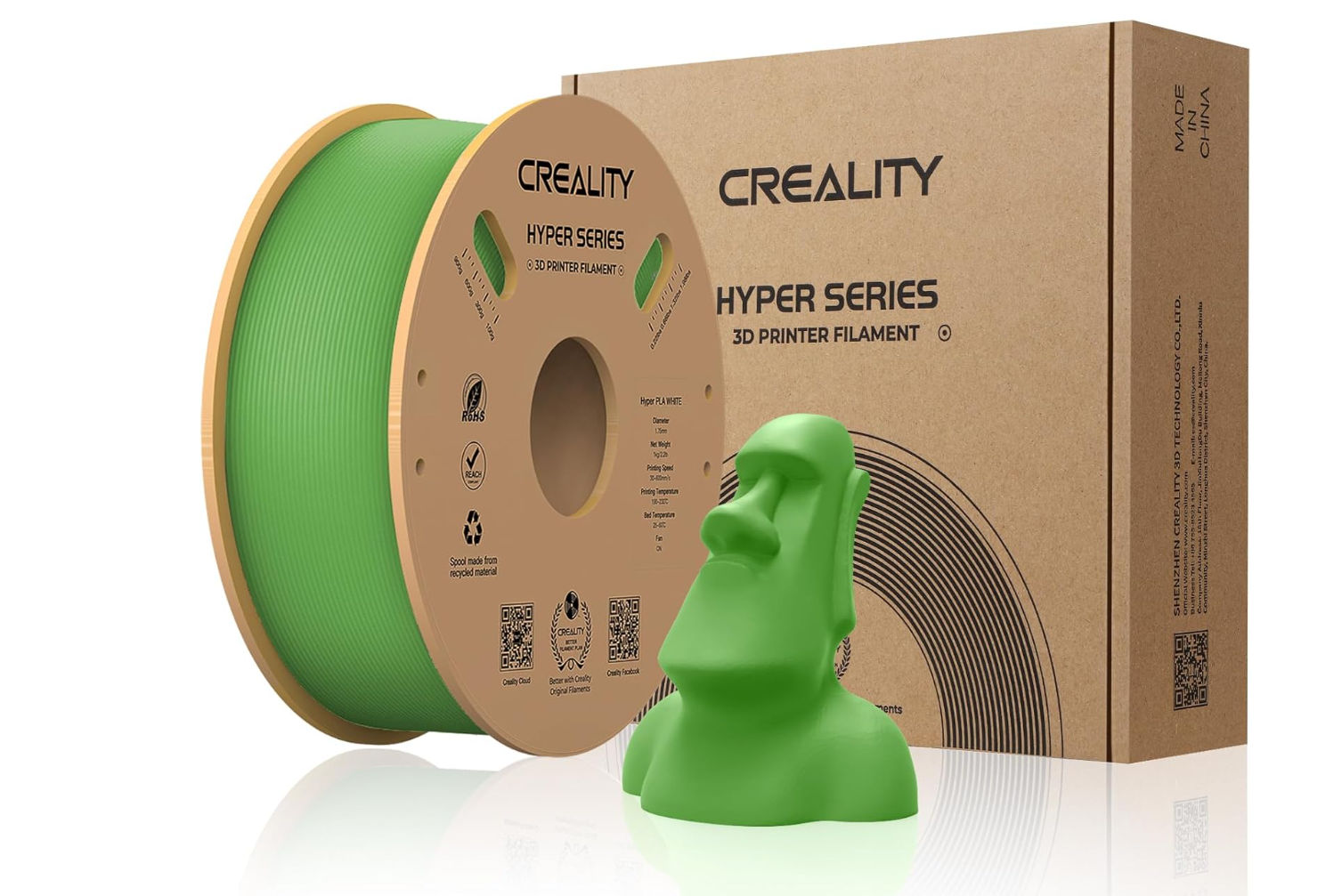 CREALITY HYPER PLA 3D Printer Filament, Green, Temperatura printare: 200-220 grade celsius, Diametru filament: 1.75mm, Tensile strength: 52.99MPa, Bending strenght:92.38Mpa Dimensiuni rola filament: Diametru 200mm, inaltime 70mm, gaura centrala 56mm, viteza printare: pana la 600mm/s,