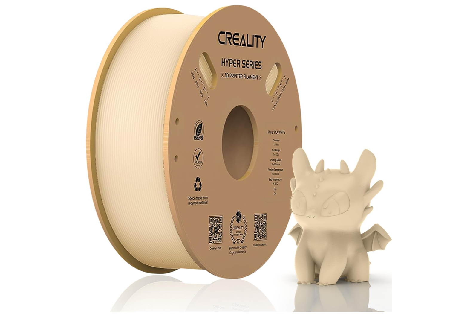 CREALITY HYPER PLA 3D Printer Filament, Skin, Temperatura printare: 200-220 grade celsius, Diametru filament: 1.75mm, Tensile strength: 52.99MPa, Bending strenght:92.38Mpa Dimensiuni rola filament: Diametru 200mm, inaltime 70mm, gaura centrala 56mm, viteza printare: pana la 600mm/s,