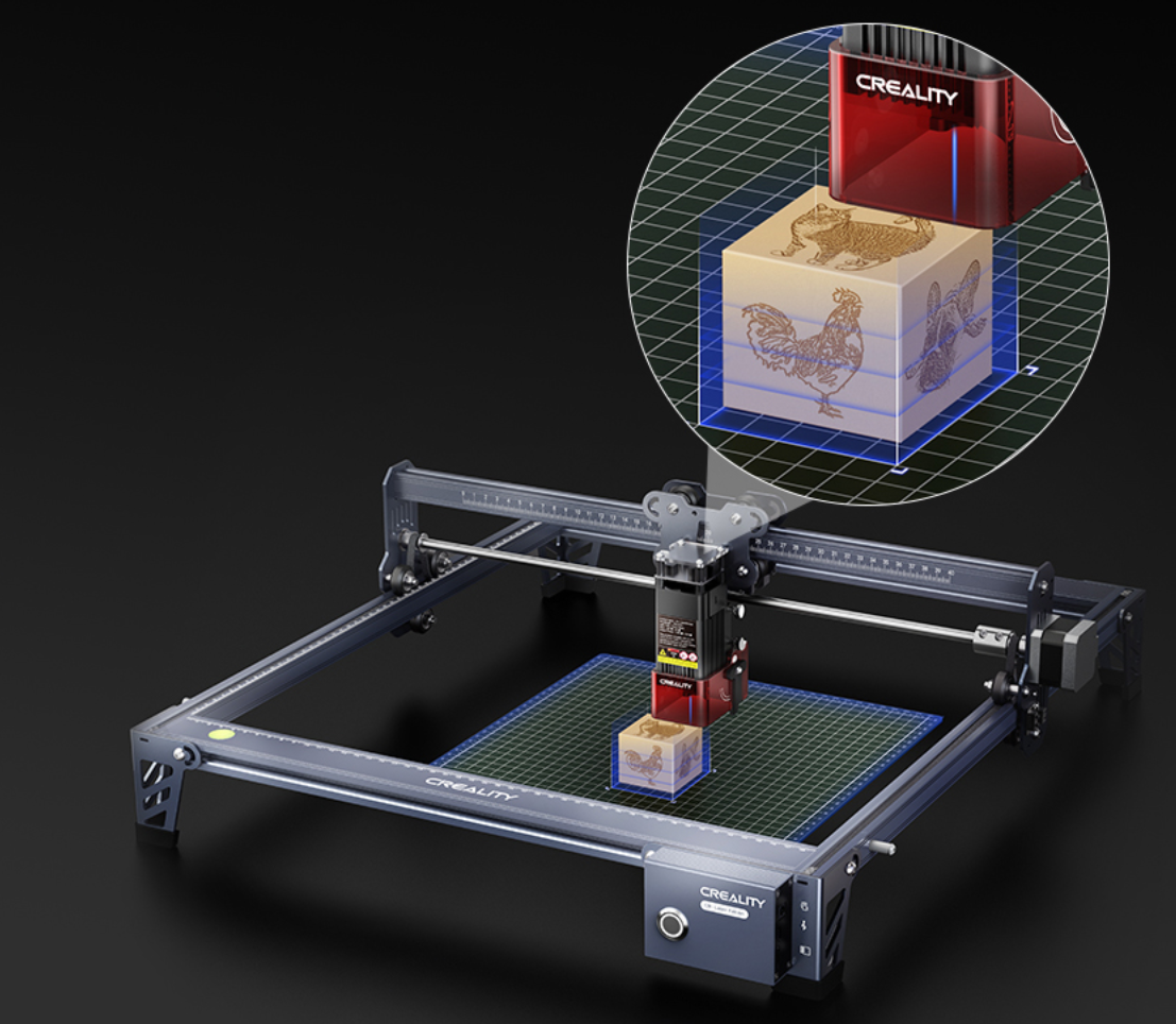 Masina gravare laser Creality CR-Falcon, precizie: 0.1mm, taiere dintr- o singura trecere max 5mm, putere laser:5W, dimensiuni suprafata lucru: 400*415mm, viteza: 10000mm/min, sursa lumina: semiconductor laser, format fisier slice: svg, png, jpg, jpeg, bmp, dxf, format fisier gravare: gcode