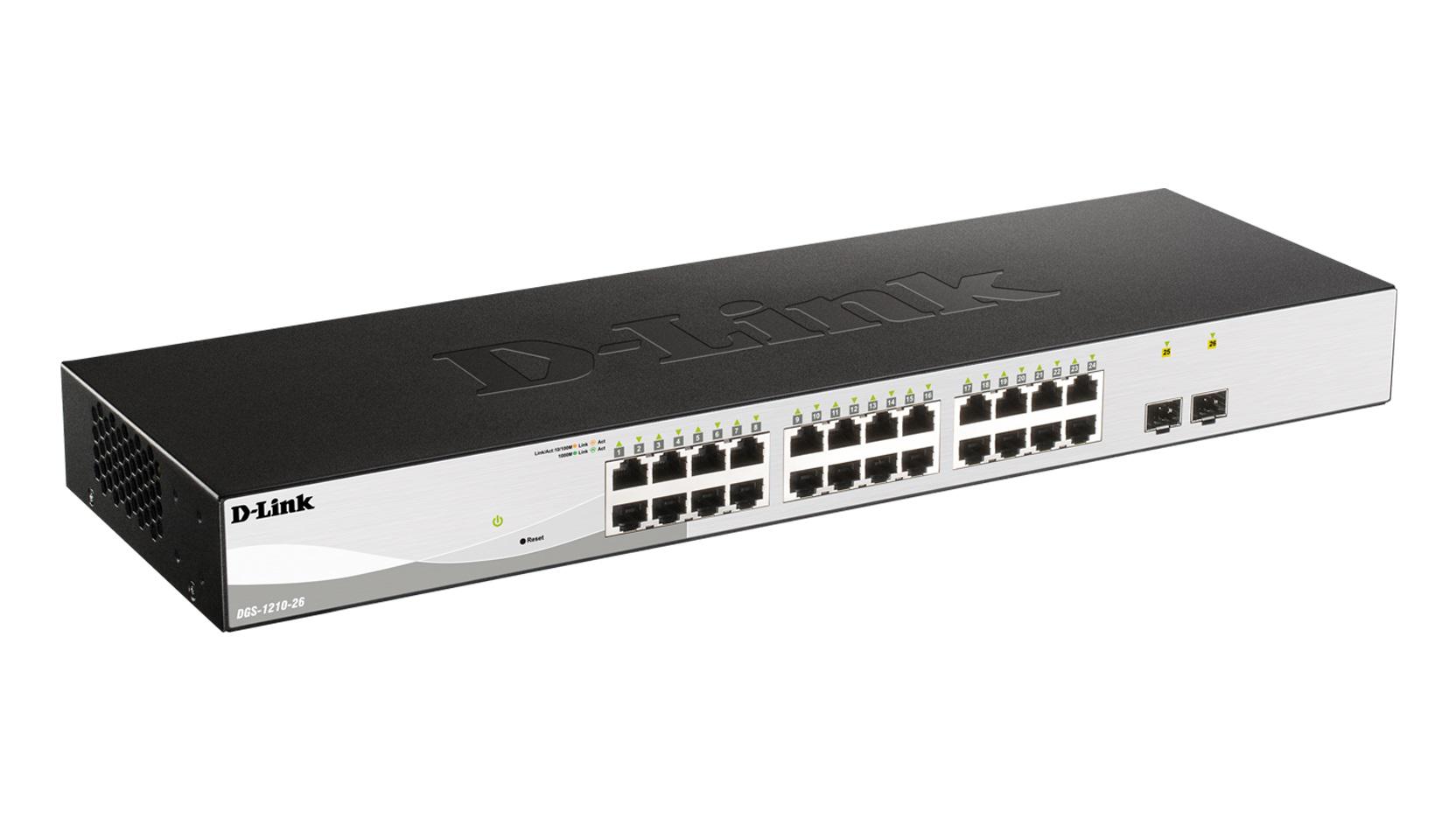 D-link 26-Port Gigabit Smart Switch with 2 SFP ports, DGS-1210-26; 24 x 10/100/1000Mbps Auto-Negotiating Ports; 2 x Combo 1000BaseT/Mini-GBIC SFP ports; Advance power saving features; Fanless design; Half-/Full- Duplex, auto-negotiation, Auto MDI/MDIX; IEEE 802.3x Flow Control; 802.3ad Link