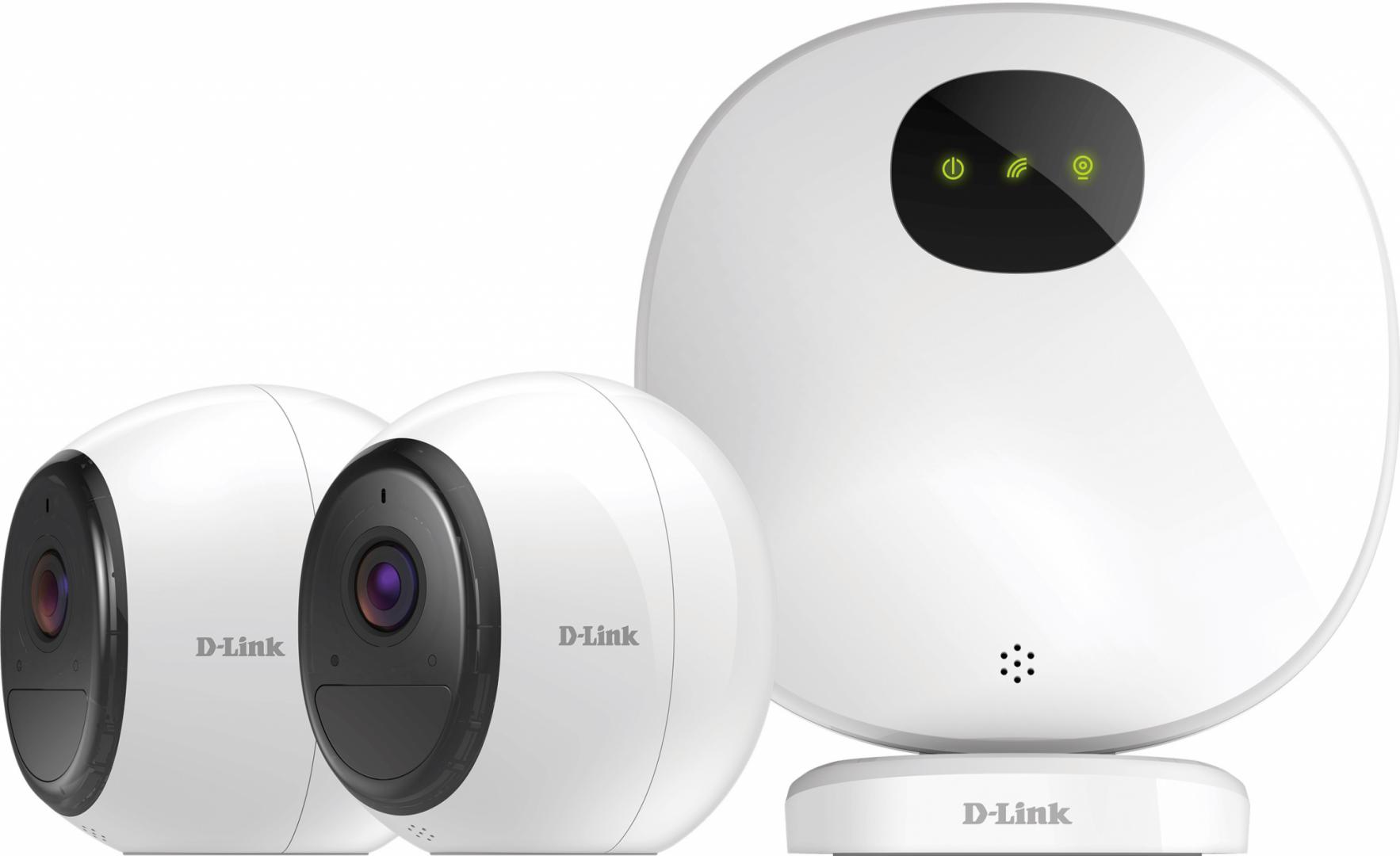 D-link Pro Wire-Free Camera Kit, DCS-2802KT; Indoor Security Camera Hub + 2 Wire-Free Wi-Fi Battery Cameras; Full HD 1080p sensor, 4x digital zoom; Night vision, PIR motion detection, 2-way audio; IP65 weatherproof camera body; Wireless Connectivity: 2.4 GHz: 802.11n wireless/ 866 MHz for