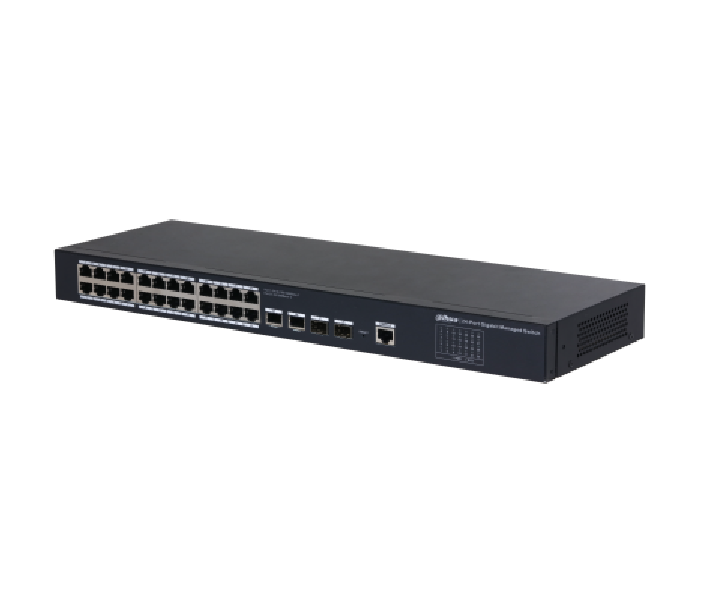 DAHUA 28 PORT MANAGED GB SWITCH SG4028, Interfata:Port 1-26: 26 × RJ45 10/100/1000Mbps, Port 27-28: 2 × SFP 1000Mbps, 1 x Console, Switching Capacity: 56 Gbps, Dimensiuni: 440 mm × 163.85 mm × 43.65 mm, Greutate: 1.57 kg,