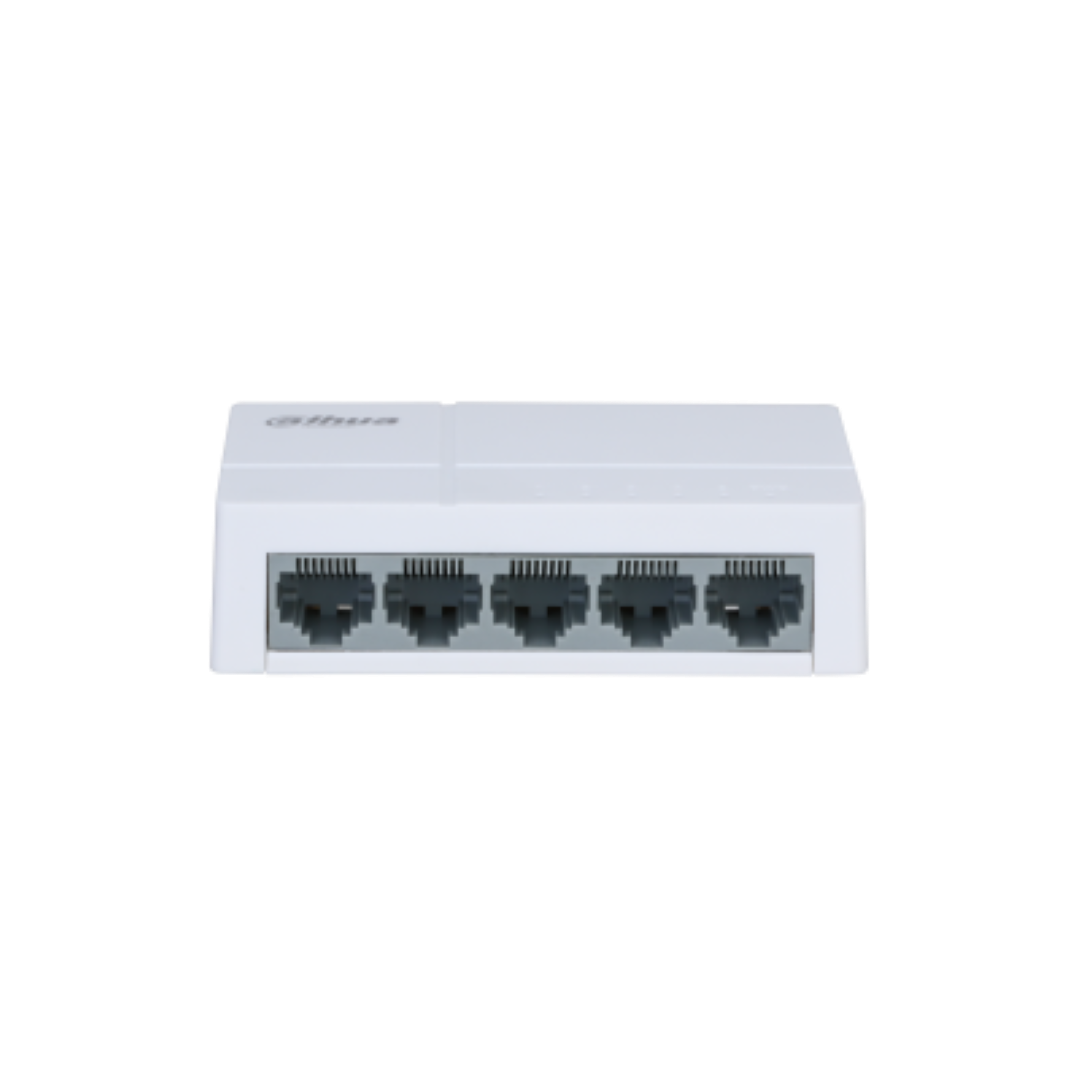 Switch Dahua 5 porturi, unmanaged, PFS3005-5ET-L, Interfata: 10/100 Mbps, Capacitate switch: 1 Gbit, Packet Forwarding Rate 0.744Mpps, Greutate: 120g, Dimensiuni: 86.4 mm × 52.0 mm × 23.0 mm.
