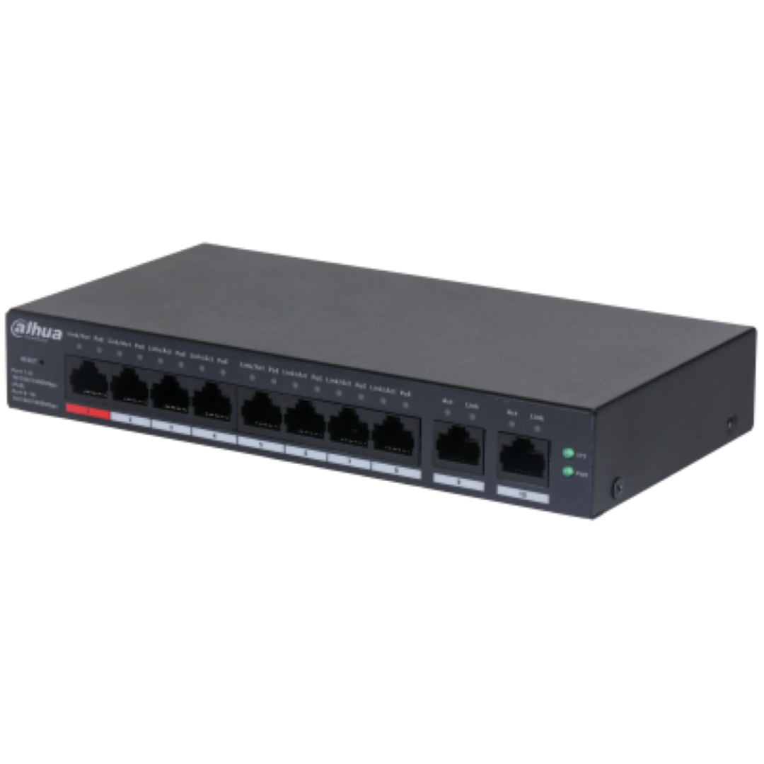 Dahua 10-Port Cloud Managed Desktop Gigabit Switch cu 8-Port PoE, CS4010-8GT-110, Interfata: Port 1-8: 8 × RJ-45 10/100/1000 Mbps (PoE); Port 9-10: 2 × RJ-45 10/100/1000 Mbps（uplink）, Managed, Layer 2, Switching Capacity: 20 Gbps, Packet Forwarding Rate: 14.88 Mpps, Standarde retea:  IEEE802.3