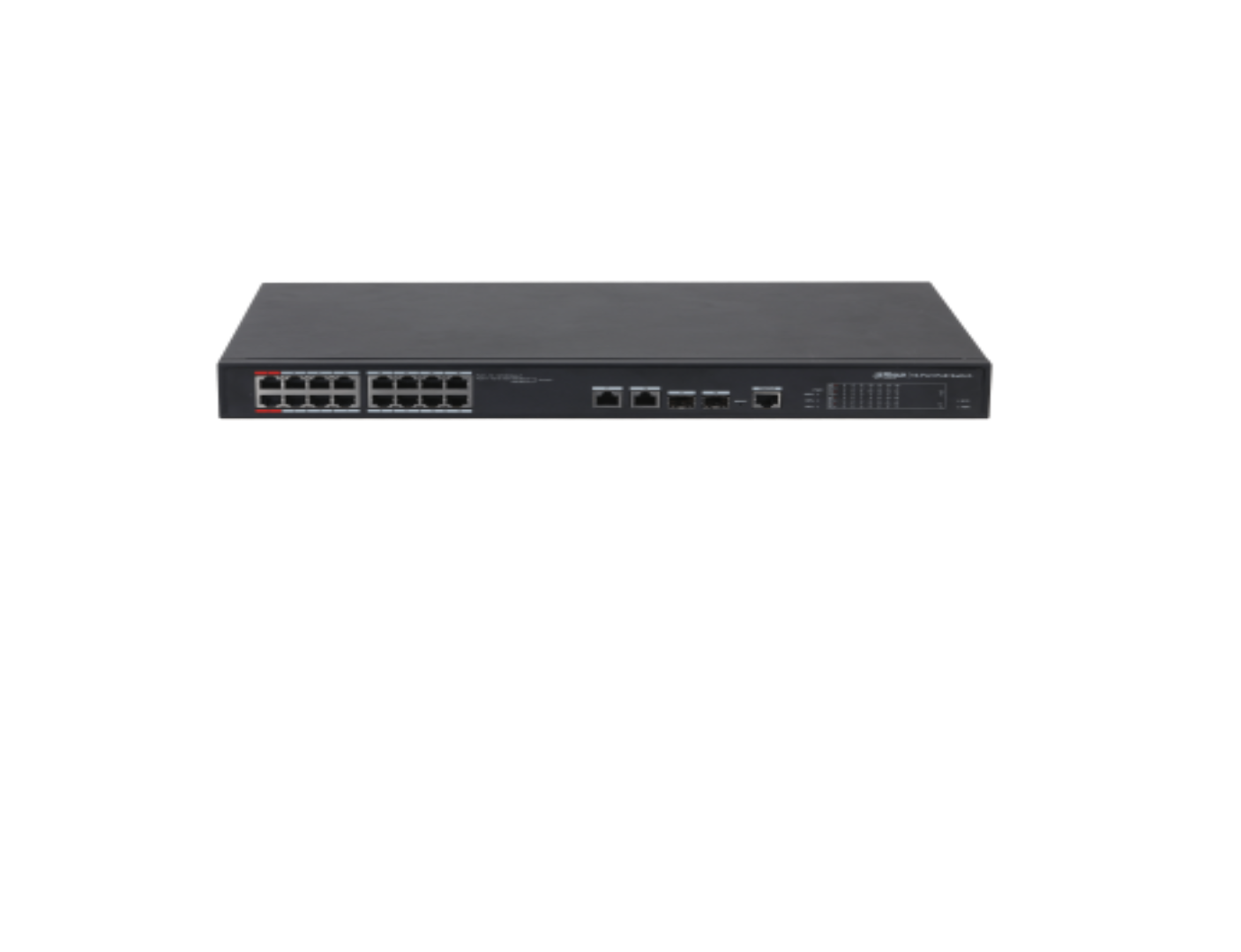 Dahua Managed switch 16 porturi PFS4218-16ET-240, Interfata: 16 x RJ45 - 10/100 Base-T (14 PoE (802.3af/at) + 2 Hi-PoE / PoE (802.3bt) / PoE (802.3af/at)), 2 x port Combo SFP (1000 Base-X) / RJ45 (10/100/1000 Base-T) - Uplink, 1 x RJ45 - Consola, Dimensiuni: 440 x 300 x 44 mm, Greutate 3.2 kg