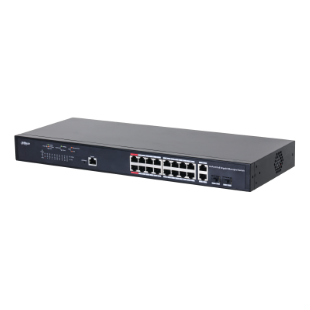 Dahua Managed Switch 18 porturi, 16 porturi POE, Gigabit, Port 1-16:16 × 10M/100M/1000MBase-T (PoE), Port 17-18:2 × 10M/100M/1000MBase-T (uplink) (combo), Port 17-18:2 × 1000M SFP (uplink)(combo), 1 × Console port, Managed L2, Capacitate switch: 56 Gbps, Packet Forwarding Rate: 29.76 Mpps