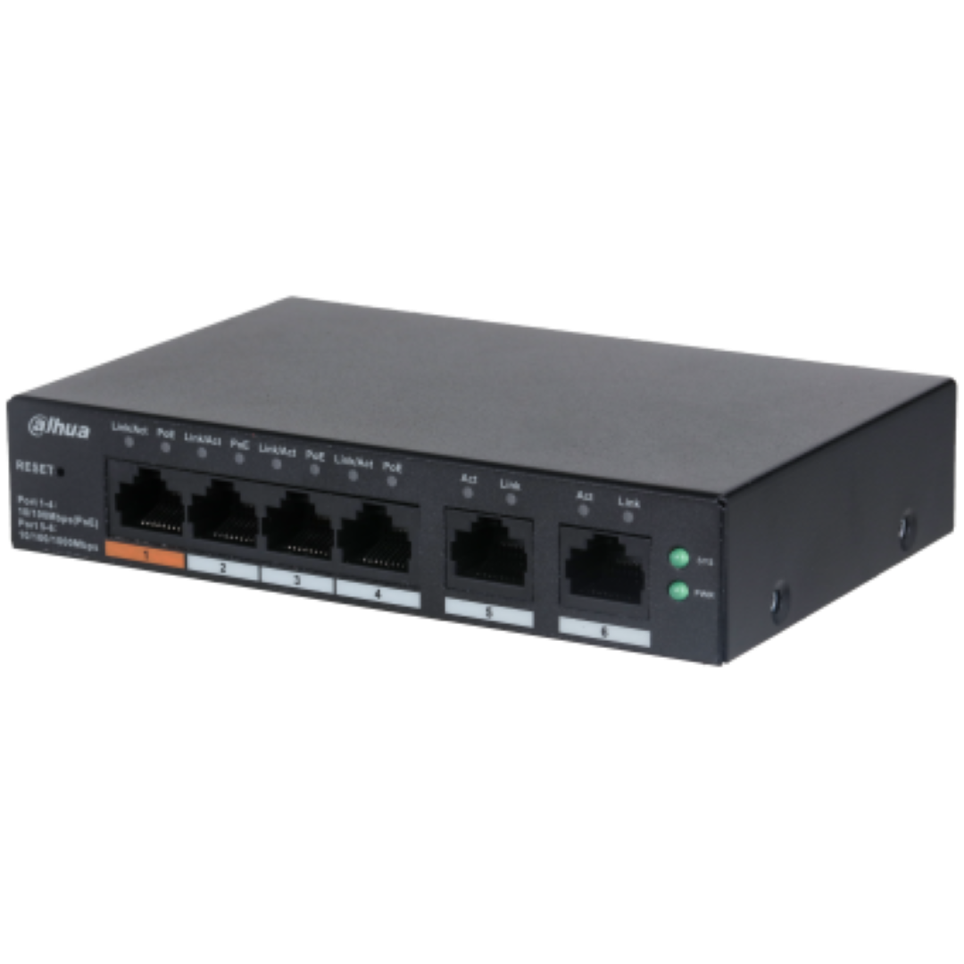 DAHUA 6 port Managed Desktop switch, CS4006-4ET-60, Interfata: Port 1-4: 4 × RJ-45 10/100 Mbps (PoE); Port 5-6: 2 × RJ-45 10/100/1000 Mbps (uplink), Managd, Layer 2, Switching Capacity: 4.8 Gbps, Packet Forwarding Rate, 3.57 Mpps, Standarde retea: IEEE802.3; IEEE802.3u; IEEE802.3x; IEEE802.3ab