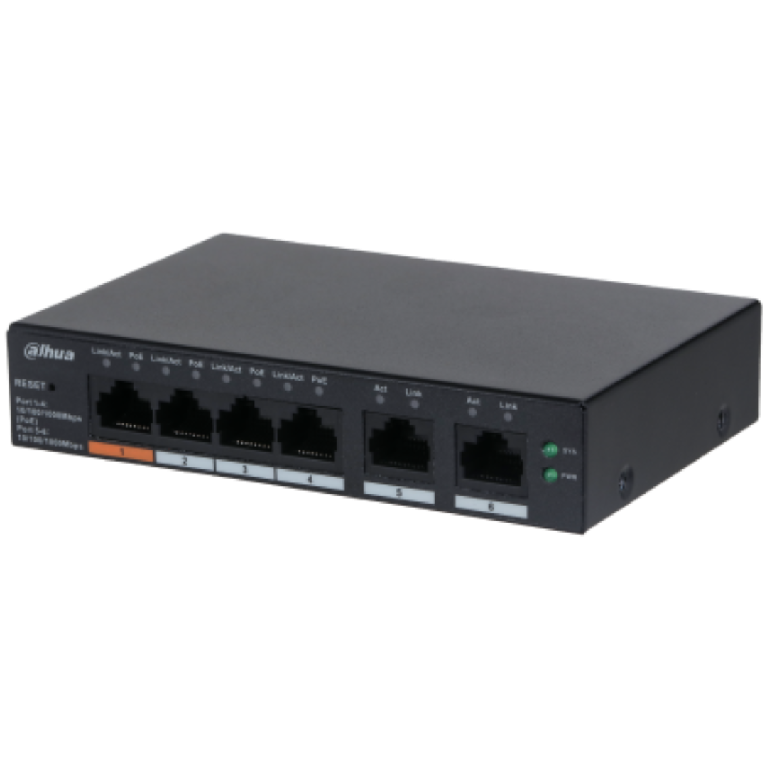 Dahua desktop switch, 6 porturi Gigabit, 4 porturi POE, CS4006-4GT-60, Port 1-4: 4 × RJ-45 10/100/1000 Mbps (POE),  Port 5-6: 2 × RJ-45 10/100/1000 Mbps (uplink), Cloud managed, Layer 2, Switching Capacity: 12Gbps, Packet Forwarding Rate: 8.93 Mpps, Standarde retea: IEEE802.3; IEEE802.3u