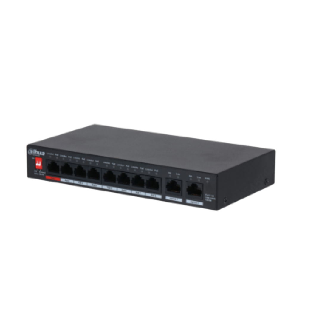 Dahua switch 8 porturi Gigabit PFS3010-8GT-96 V2, Unmanaged, Interfata: 8 x 10/100/1000, 2 x Uplink, Standarde retea: IEEE 802.3, IEEE 802.3ab, IEEE 802.3u, IEEE 802.3x, Capacitate switch: 1.5 Gbit/s, Forwarding rate: 14.88 Mpps, Buget POE: 96 W, Dimensiuni: 190 x100 x 30mm, Greutate: 0.5kg.