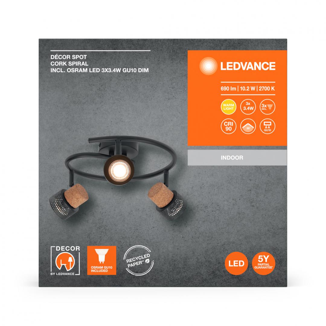 Spot LED triplu ajustabil Ledvance DECOR CORK SPIRAL, 3xGU10, 3x3.4W, 690 lm, lumina calda (2700K), IP20, 318x136x293mm, metal/pluta, Negru