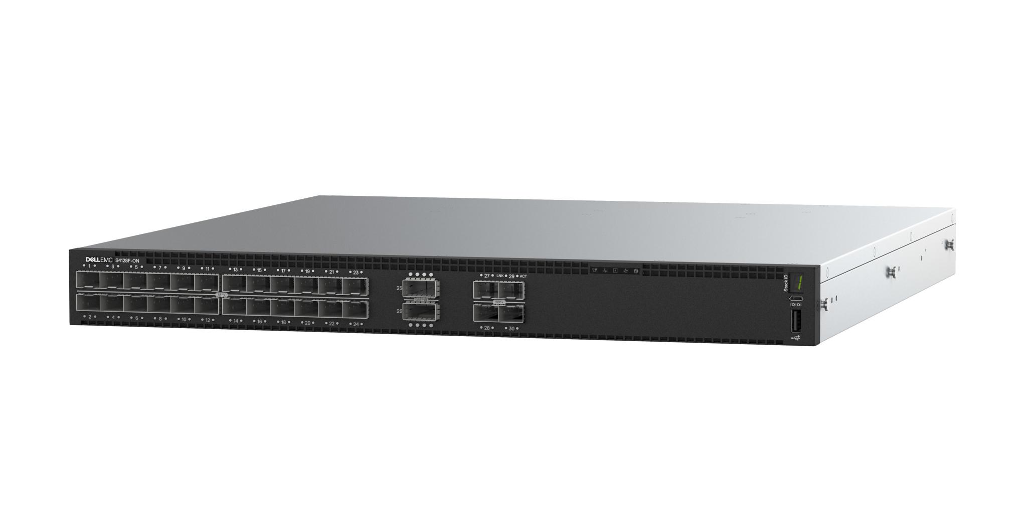 Dell EMC Switch S4128F-ON, 1U, PHY-less, 28 x 10GbE SFP+, 2 x QSFP28, IO to PSU, 2 PSU, 3Yr ProSupport + NBD