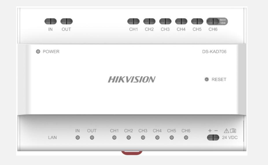 Distribuitor audio/video pentru sisteme de videointerfonie cu conexiune pe 2 fire Hikvision DS-KAD706, 6 canale de alimentare( include un canal cu putere maxima de 16W), interfata retea: 1, RJ45, alimentare 24 VDC