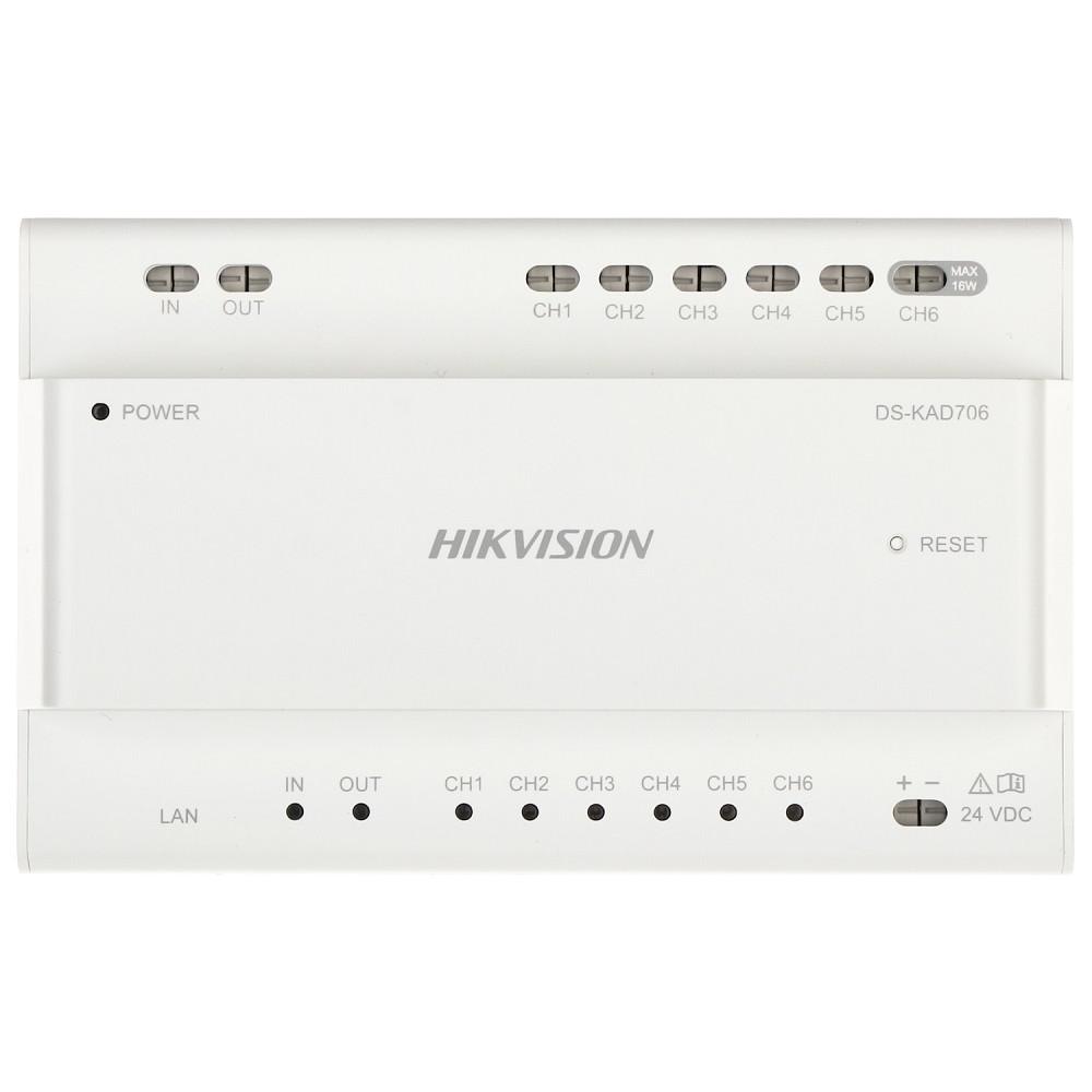 Controler pentru sisteme de videointerfonie cu conexiune pe 2 fire Hikvision DS-KAD706-S, 6 canale, interfata retea: 1, RJ45, alimentare 24 VDC