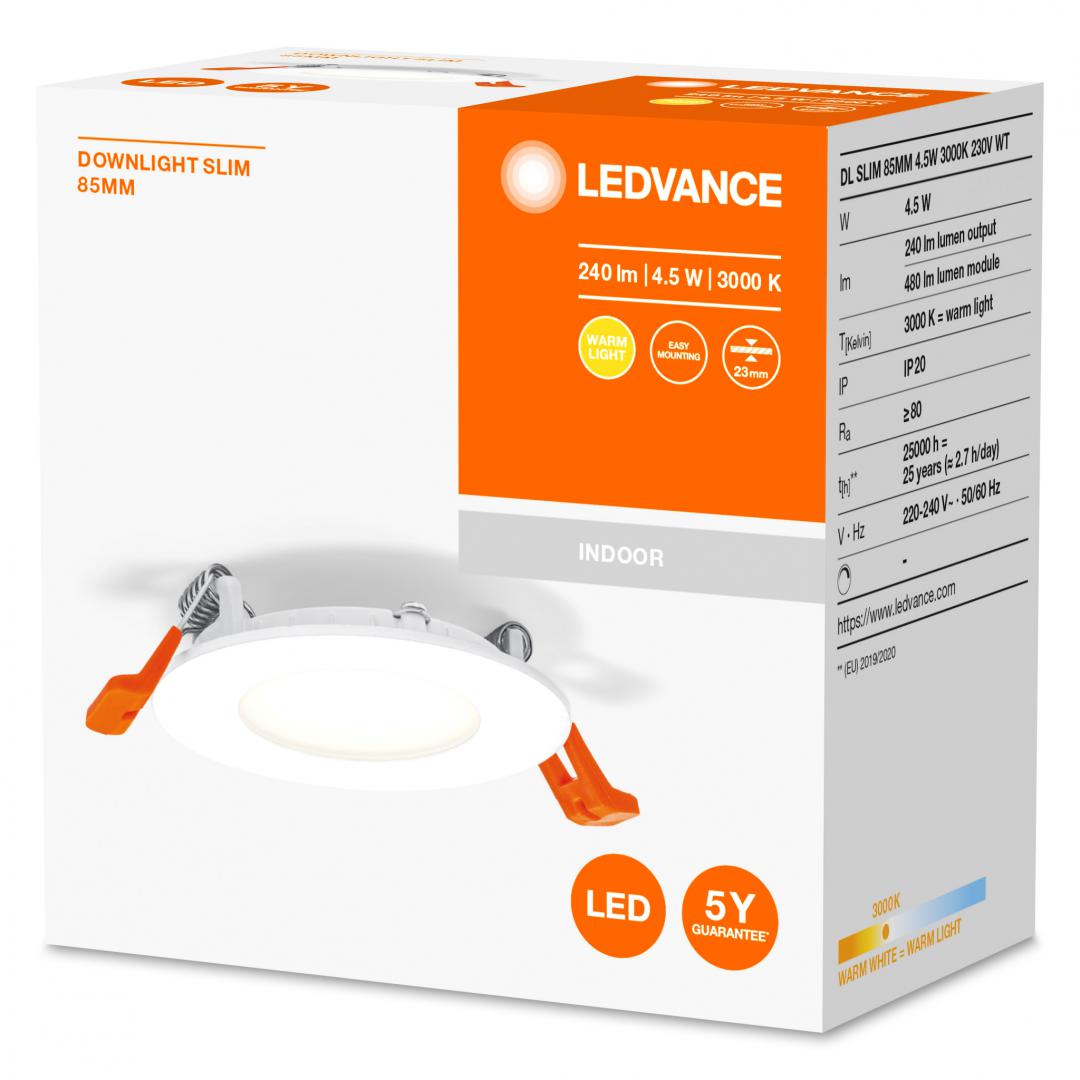 Spot LED incastrat Ledvance RECESS DOWNLIGHT SLIM, 4.5W, 240 lm, lumina calda (3000K), Ø8.5cm, Alb