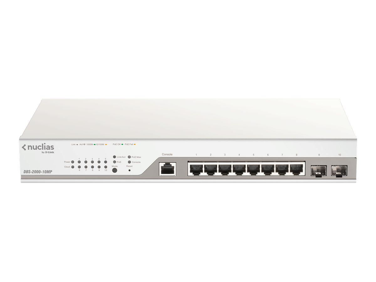 D-Link Switch DBS-2000-10MP, 8 porturi Gigabit POE, 2 porturi Combo 1000 Mbps/SFP, Buget POE: 130W , Switching Capacity: 20 Gbps, dimensiuni: 330 x 180 x 44mm, Standarde wireless: IEEE 802.3ad,IEEE 802.3at, managed, Forwarding rate: 14.88 Mpps, Procesor: 500Mhz, Memorie Ram: 256Mb.