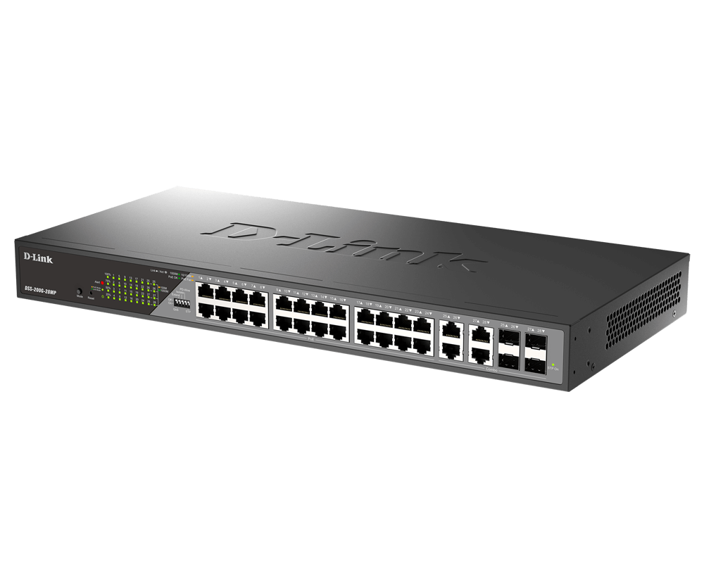 D-Link Switch DSS-200G-28MP,24 x 10/100/1000 Mbps PoE, 4 x Combo 1000 Mbps, Switching Capacity:56 Gbps, Forwarding Rate: 41.67 Mpps, Buget POE: 370 W ; 30 W/port, consum maxim: 425.9 W (PoE on) ; 25.5 W (PoE off), dimensiuni: 440 x 208 x 44 mm, Greutate: 2.86 kg.