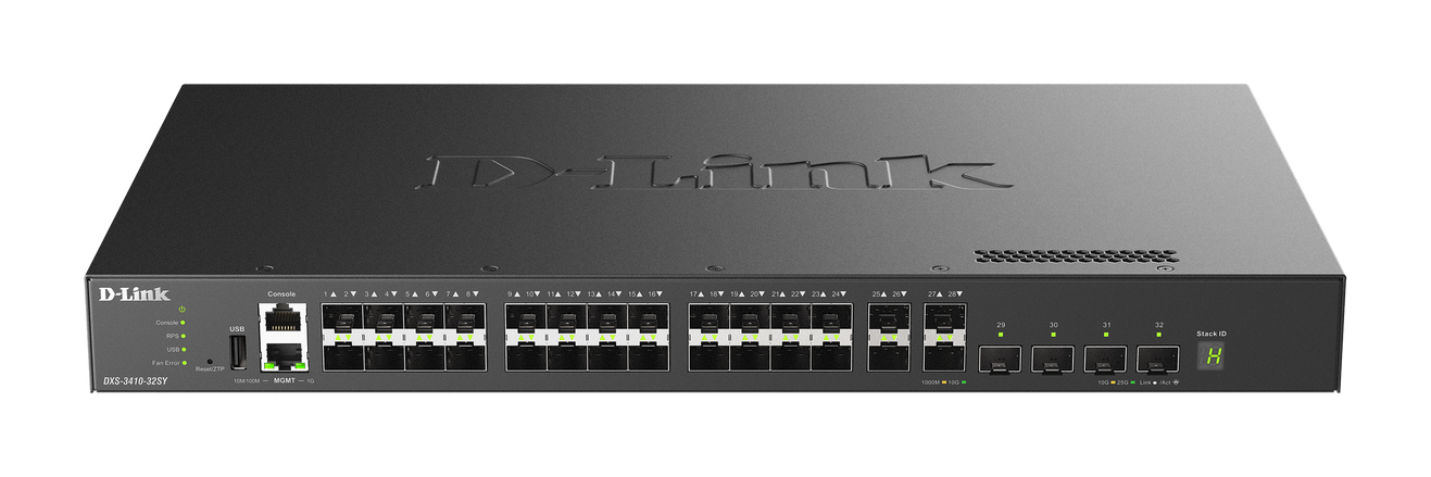 D-Link Switch L3 Managed 32 porturi DXS-3410-32SY, Dimensiuni:441.0 x 250 x 44.0 mm , Capacitate Switch: 760Gbps, 1 x USB 2.0 T, 1 x RJ-45 Console port, 1 x RJ-45 Management port, 1 x USB 2.0 port, 28 x 10G SFP+ ports, 4 x 10/25G SFP28 ports, 3 ventilatoare, Consum: Max.: 104.0 W,