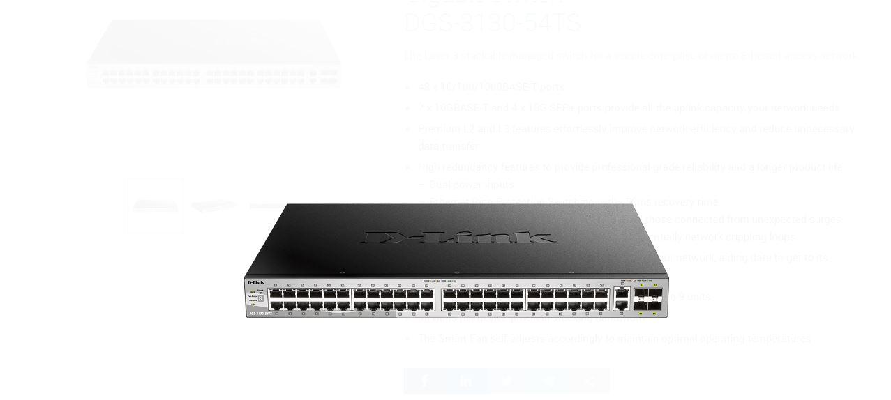 Switch D-Link DGS-3130-54TS/SI, 54-Port Gigabit SFP L3 Stackable Managed Switch, 48 x 10/100/1000BASE-T ports, 2 x 10GBASE-T and 4 x 10G SFP+ ports, Layer 3, 80 Gbps.