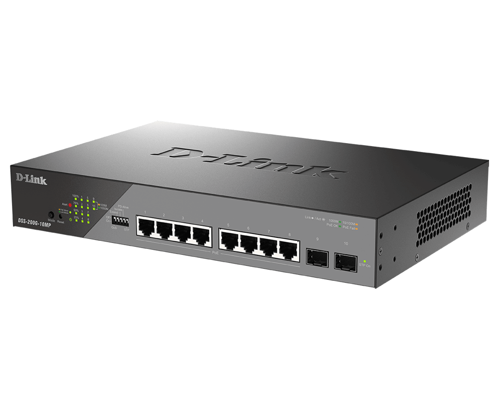 D-Link Switch DSS-200G-10MP, 8 porturi Gigabit POE, 2X SFP 1000Mbps, Capacitate switch: 20Gbps, FW Rate: 14.88Mbps, POE Budget:130W, 30W/port, Dimensiuni: 280 x 180 x 44 mm, Greutate: 1.55kg, Consum: 160.2 W (PoE on) ; 9.63 W (PoE off).