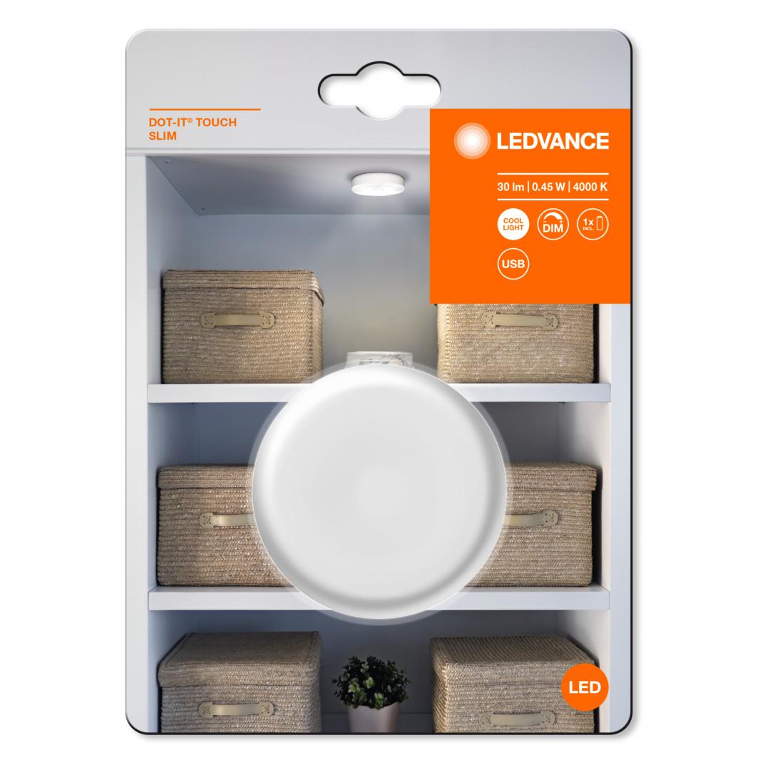 Lampa LED portabila Ledvance DOT-it TOUCH SLIM, 5V, 0.45W, 30 lm, luminaneutra (4000K), dimabila, Touch control, Ø65x18mm, baterie L i-ionreincarcabila prin cablu USB, Alb