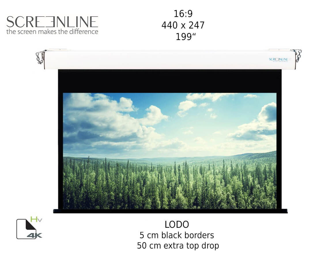 Ecran de proiectie motorizat perete/tavan Screenline LODO Home Vision, 440 x 247(199”), 16:9, alb, comutator perete