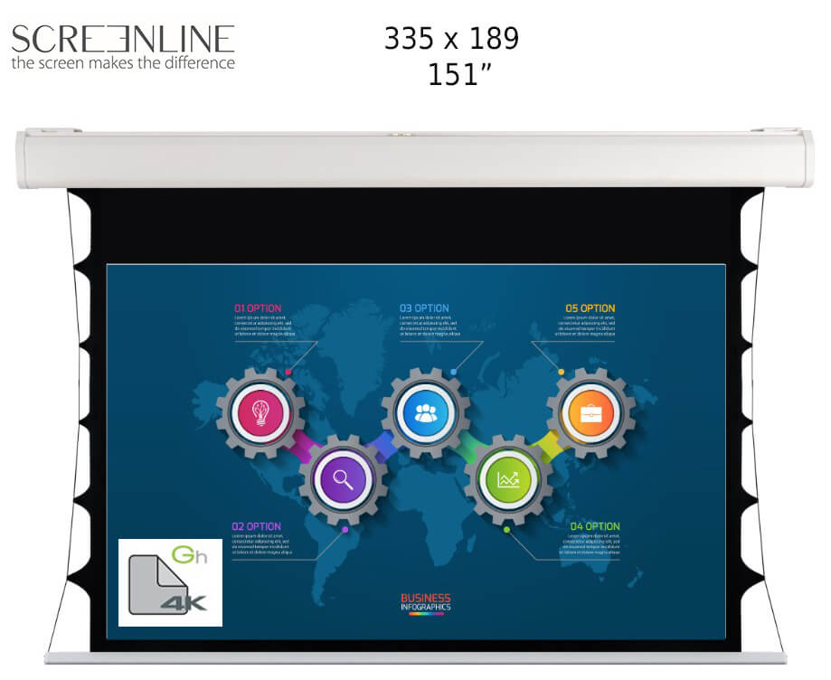 Ecran de proiectie motorizat perete/tavan Screenline MOT TENSIONED Grey High, 335x189(151"), ALR LONGTHROW