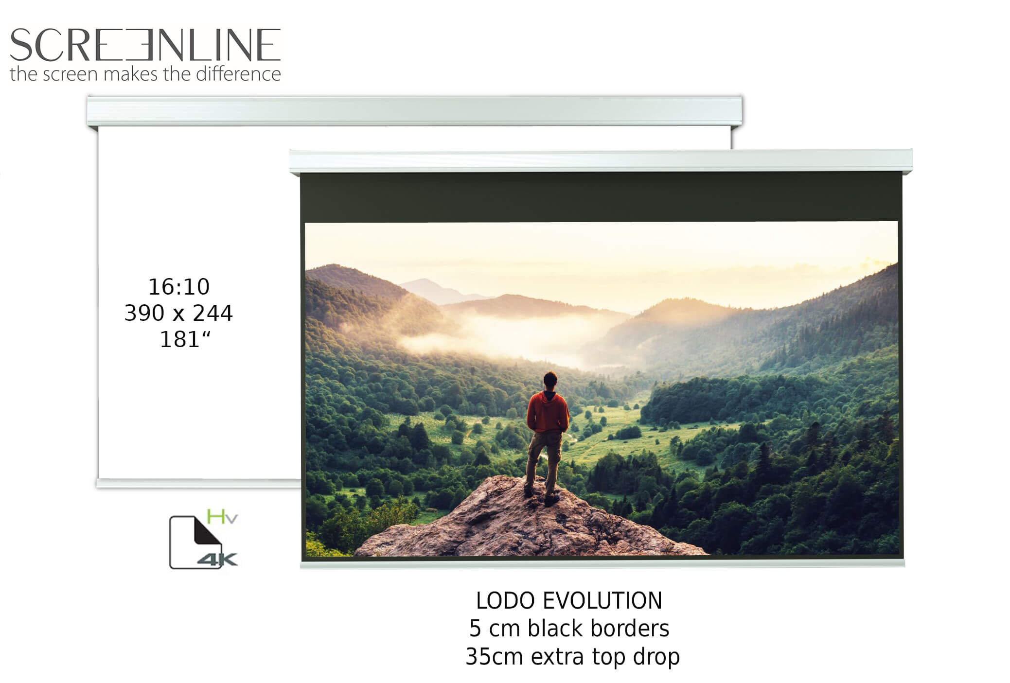 Ecran de proiectie motorizat Screenline LODO EVOLUTION Home Vision, 390x244(181”), 16:10, alb, comutator perete