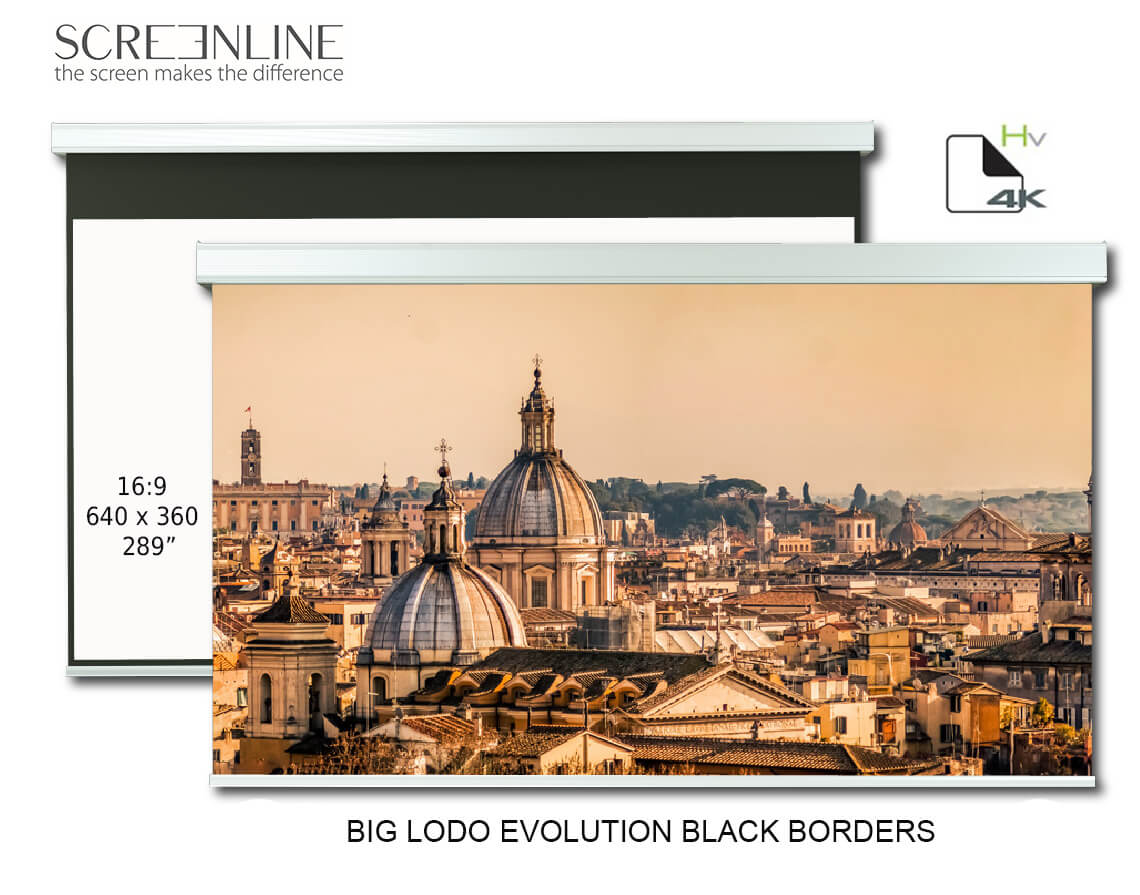 Ecran proiectie motorizat Screenline BIG LODO EVO BLACK BORDERS Home Vision,640x360(289”),16:9, alb, comutator perete