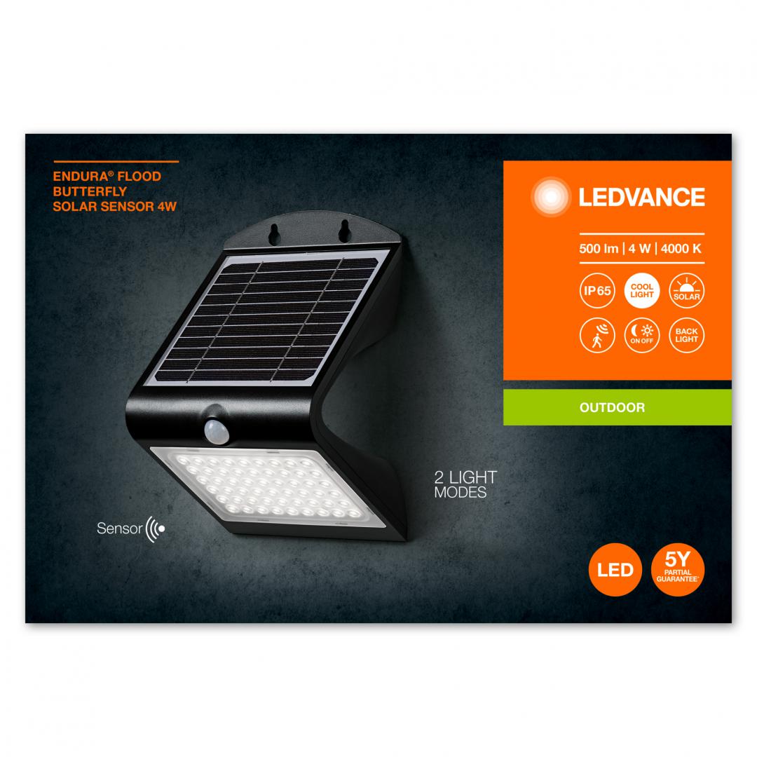 Aplica LED pentru exterior, solara cu baterie Li-ion, cu senzor de miscare si lumina Ledvance ENDURA BUTTERFLY SOLAR, 4W, 3.7V, 500 lm, lumina neutra (4000K), IP65, 211x140x115mm, Negru