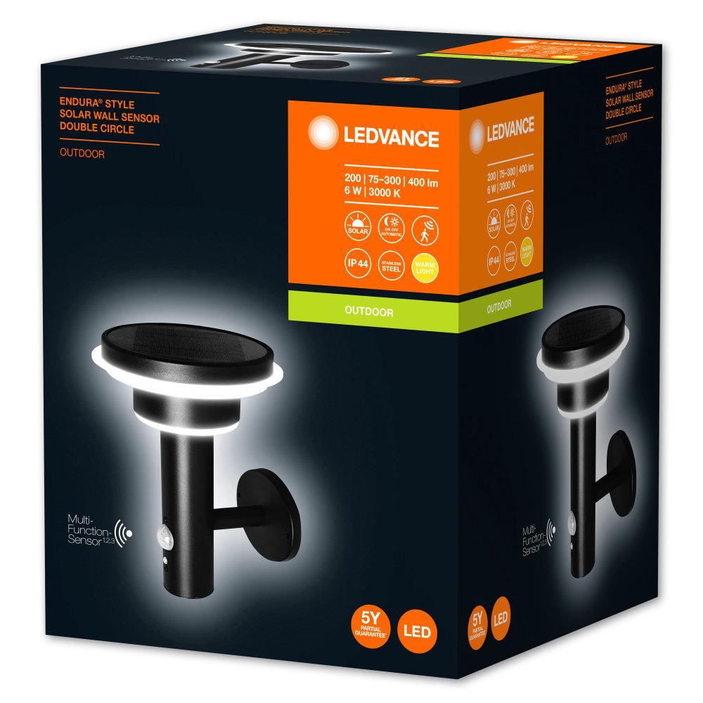 Aplica LED solara pentru exterior cu senzor de lumina si miscare Ledvance Endura Style Solar Wall Sensor Double Circle, 6W, 3.2 V, 400 lm, lumina calda (3000K), IP44/IK03, 220x185x178mm, otel, PIR °90, raza detectie 6m, Negru